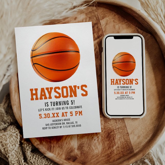 orange basketball Boy 5TH Birthday Party Invitation (Creator Uploaded)
