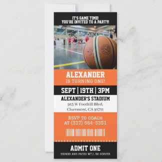 Orange Basketball Ticket 1st Birthday Party Invitation