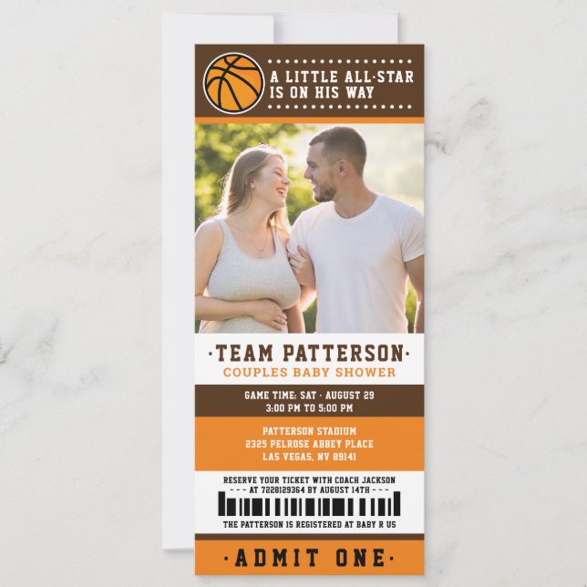 Orange Basketball Ticket Couples Baby Shower Photo Invitation (Front)