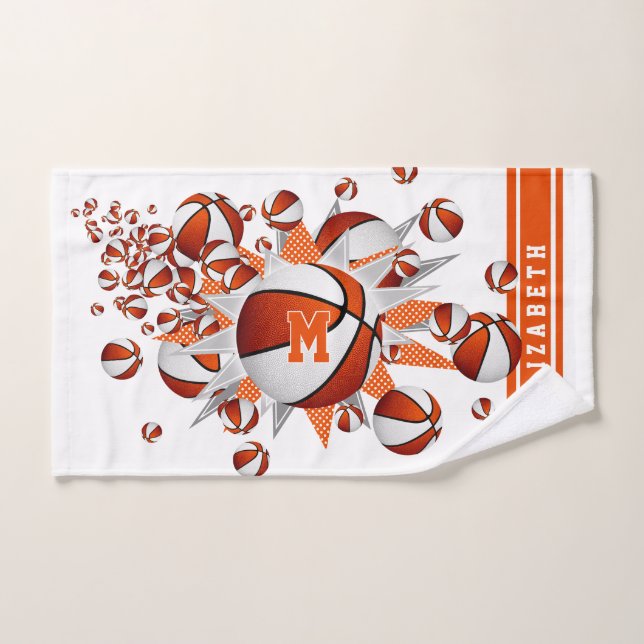 orange basketballs stars girls monogrammed hand towel (Hand Towel)