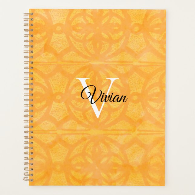 Orange Batik Elegant Monogram Name Planner (Front)