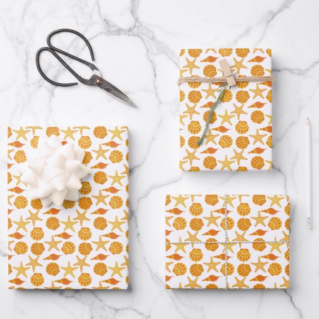 Orange Beach Shell Pattern Wrapping Paper Sheet (Front)