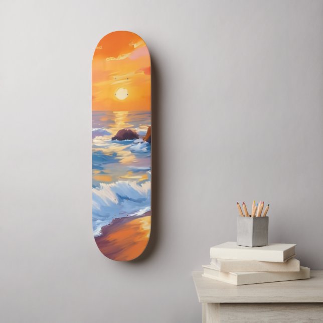 Orange Beach Sunset Coastal Painted Skateboard (Wall Art)