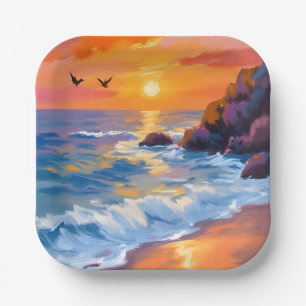 Orange Beach Sunset Coastal Painting Paper Plate