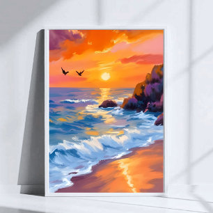 Orange Beach Sunset Coastal Painting Poster