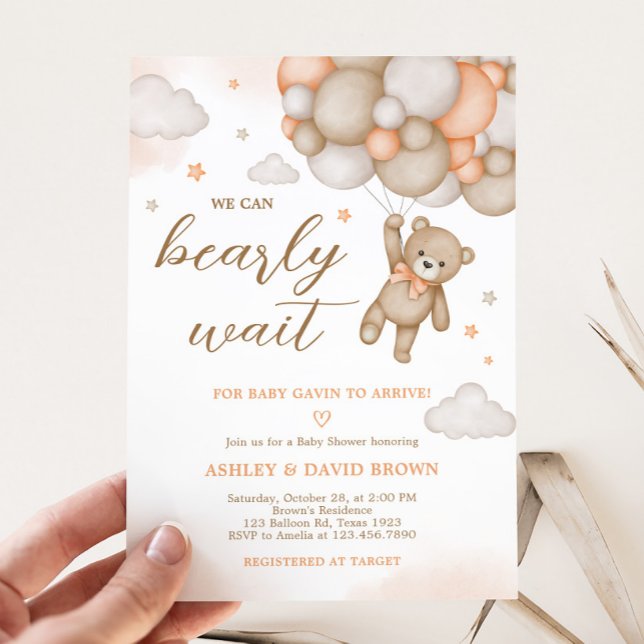 Orange Bear Balloons Baby Shower  Invitation (Bearly Wait Bear Baby Shower Invitation)