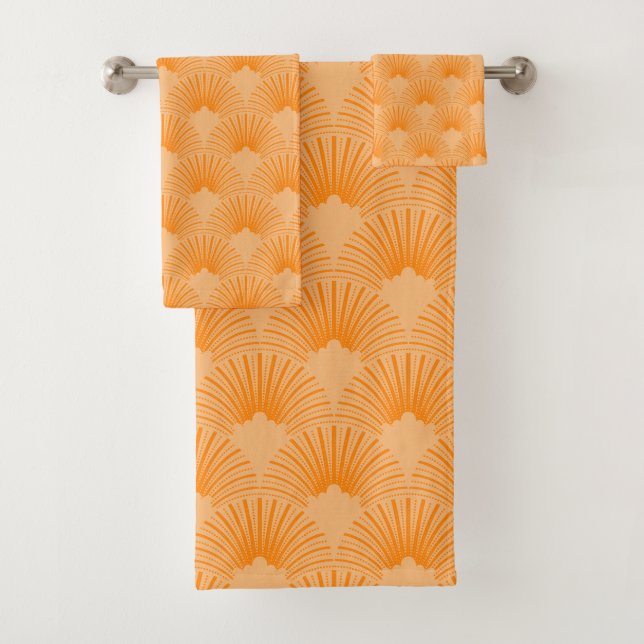 Orange & beige art-deco pattern bath towel set (Insitu)