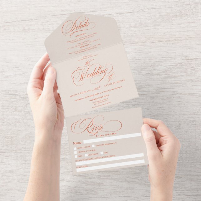 Orange beige elegant script calligraphy wedding all in one invitation (Tearaway)