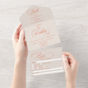 Orange beige elegant script calligraphy wedding all in one invitation