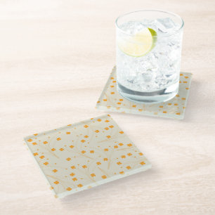 Orange Beige Retro Y2K 70s Flower Pattern Glass Coaster