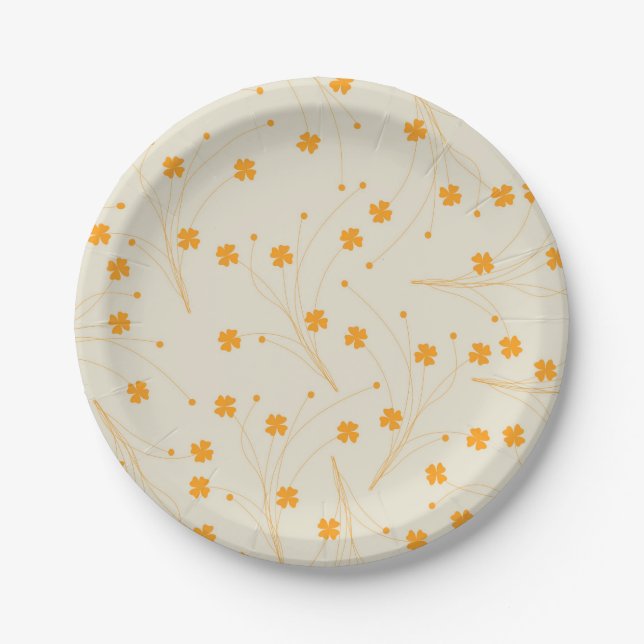 Orange Beige Retro Y2K 70s Flower Pattern Paper Plate (Front)