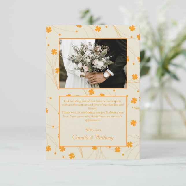 Orange Beige Retro Y2K 70s Flower Pattern Thank You Card (Standing Front)