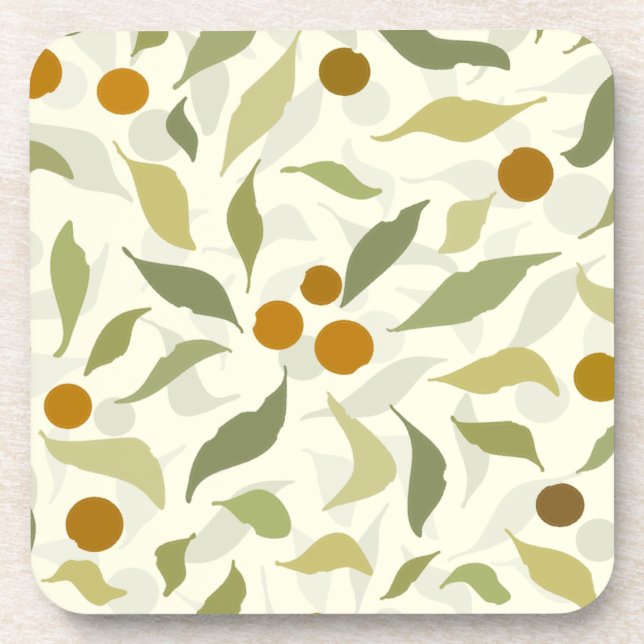 Orange Berries and Leaves on creme - pattern.  Coaster (Front)