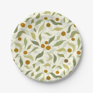 Orange Berries and Leaves on creme - pattern. Paper Plate
