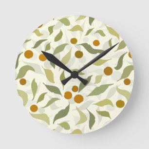Orange Berries and Leaves on creme - pattern. Round Clock