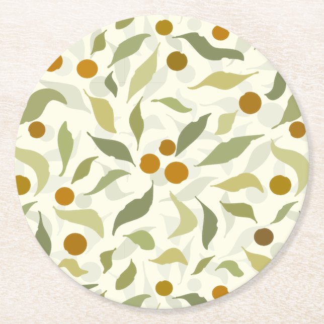 Orange Berries and Leaves on creme - pattern.    Round Paper Coaster (Front)