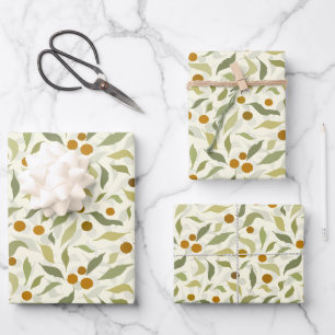 Orange Berries and Leaves on creme - pattern. Wrapping Paper Sheet