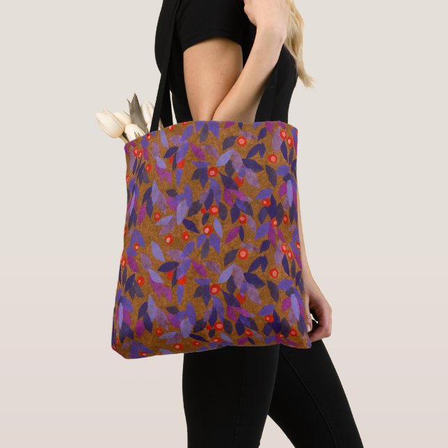 Orange Berries Purple Leaves Simple Floral Pattern Tote Bag (Close Up)