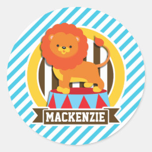 Orange Big Top Circus Lion; Blue & White Stripes Classic Round Sticker