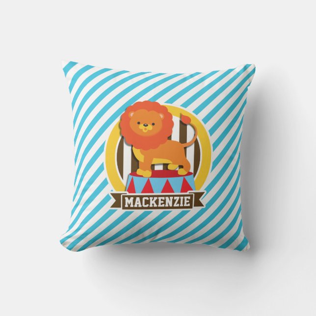 Orange Big Top Circus Lion; Blue & White Stripes Cushion (Front)