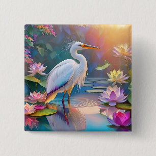 Orange Billed White Heron Fantasy Bird 15 Cm Square Badge