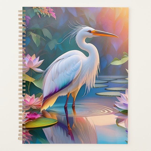 Orange Billed White Heron Fantasy Bird  Planner (Front)