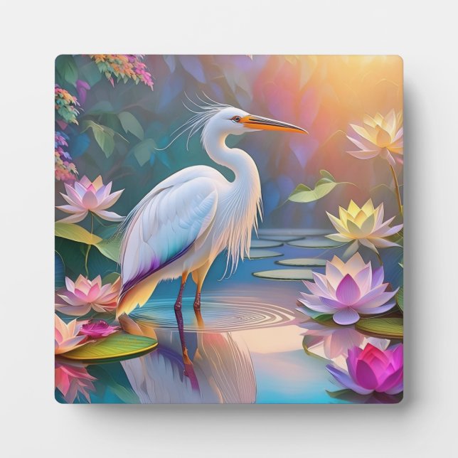 Orange Billed White Heron Fantasy Bird  Plaque (Front)