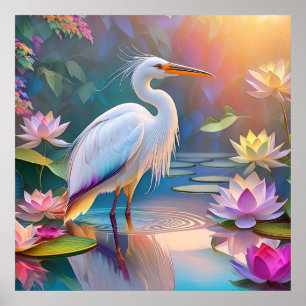 Orange Billed White Heron Fantasy Bird  Poster