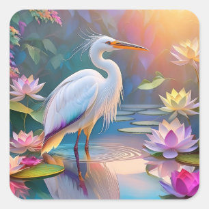 Orange Billed White Heron Fantasy Bird  Square Sticker