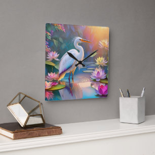 Orange Billed White Heron Fantasy Bird Square Wall Clock