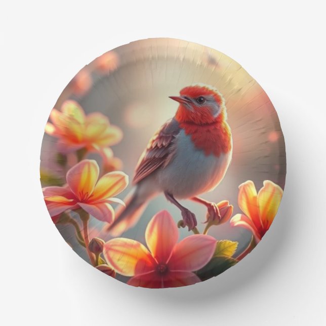Orange Bird Floral Floral Paper Plate (Front)