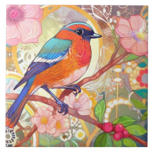 Orange Bird Girly Pink Spring Flower Floral Tile