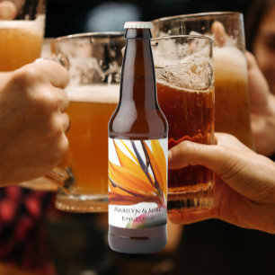 Orange Bird of Paradise Floral Wedding Beer Bottle Label