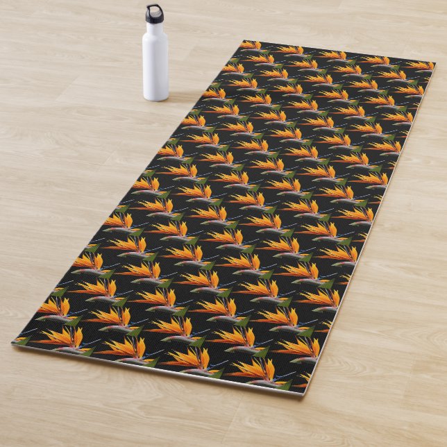 Orange Bird of Paradise Pattern on Black Yoga Mat (In Situ)