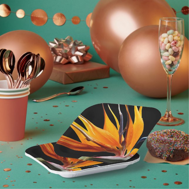 Orange Bird of Paradise Plant Bloom Floral Paper Plate (Multi)