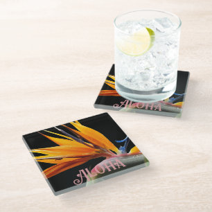 Orange Bird of Paradise Plant on Black Aloha Glass Coaster