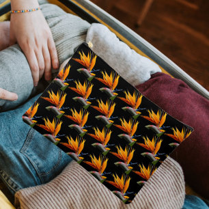 Orange Bird of Paradise Plant Pattern on Black Accessory Pouch