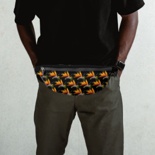 Orange Bird of Paradise Plant Pattern on Black Bum Bags