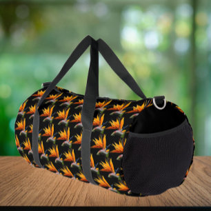 Orange Bird of Paradise Plant Pattern on Black Duffle Bag