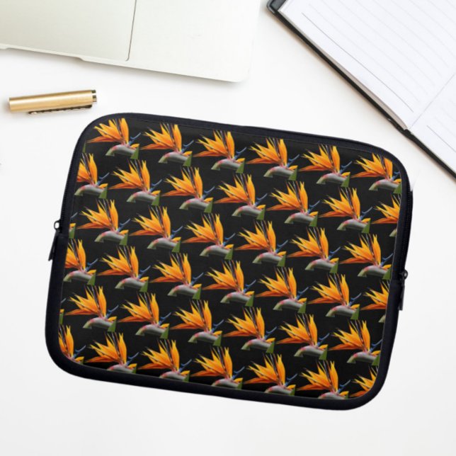 Orange Bird of Paradise Plant Pattern on Black Laptop Sleeve (In Situ)