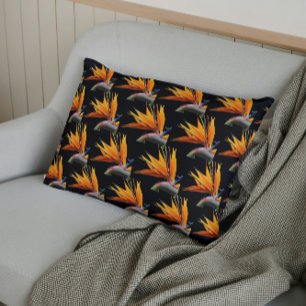 Orange Bird of Paradise Plant Pattern on Black Pillowcase