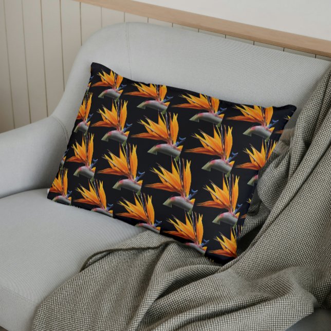 Orange Bird of Paradise Plant Pattern on Black Pillowcase (In Situ)