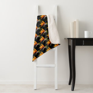 Orange Bird of Paradise Plant Pattern on Black Sherpa Blanket