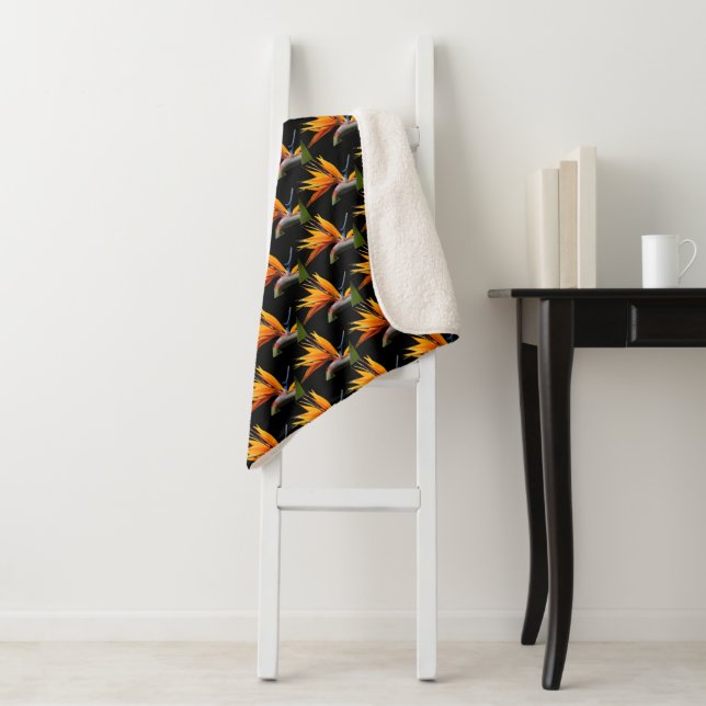 Orange Bird of Paradise Plant Pattern on Black Sherpa Blanket (In Situ)