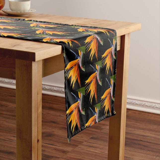 Orange Bird of Paradise Plant Pattern on Black Short Table Runner (In Situ)