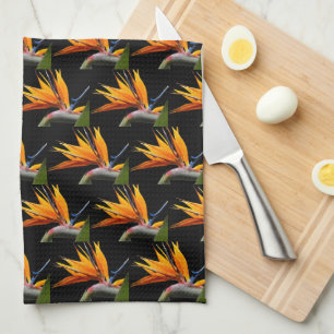 Orange Bird of Paradise Plant Pattern on Black Tea Towel