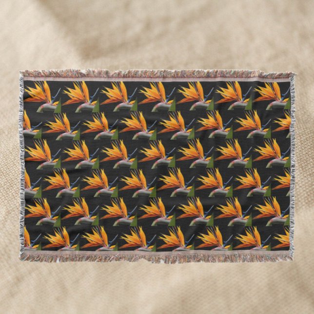 Orange Bird of Paradise Plant Pattern on Black Throw Blanket (In Situ)
