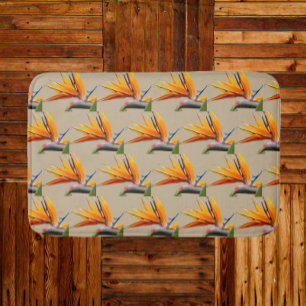 Orange Bird of Paradise Plant Pattern on Khaki Bath Mat