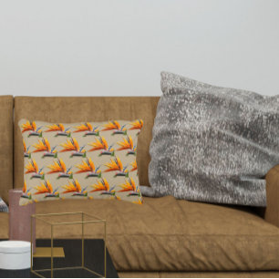 Orange Bird of Paradise Plant Pattern on Khaki Decorative Cushion