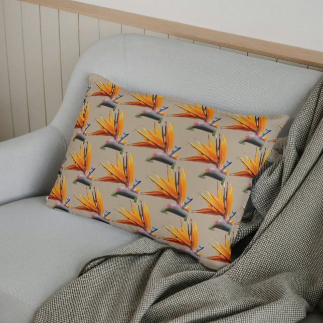 Orange Bird of Paradise Plant Pattern on Khaki Pillowcase (In Situ)